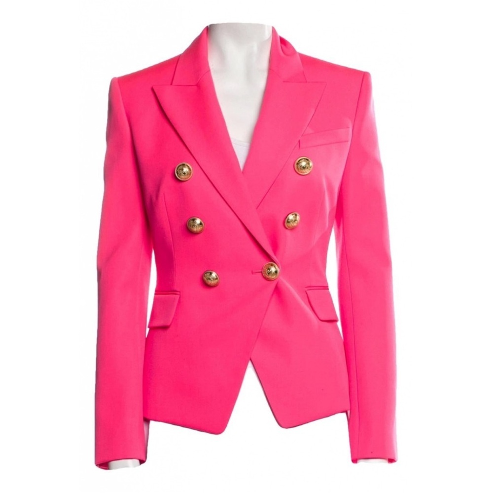 NWT BALMAIN Double-Breasted Grain De Poudre Wool Blazer in Hot Pink